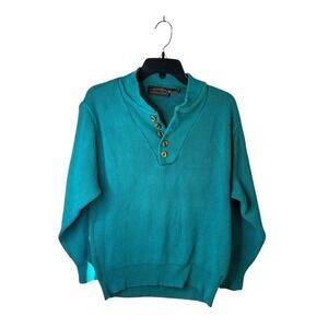 Vintage Eddie Bauer Men's Medium Henley Sweater Green 100% Cotton Ribbed Knit M